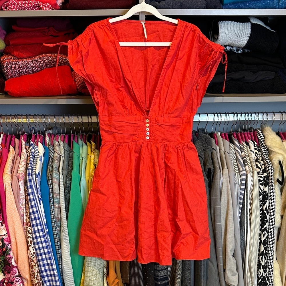 Free People red v neck sleeveless smocked waistband 2 pocket lined dress size XS
